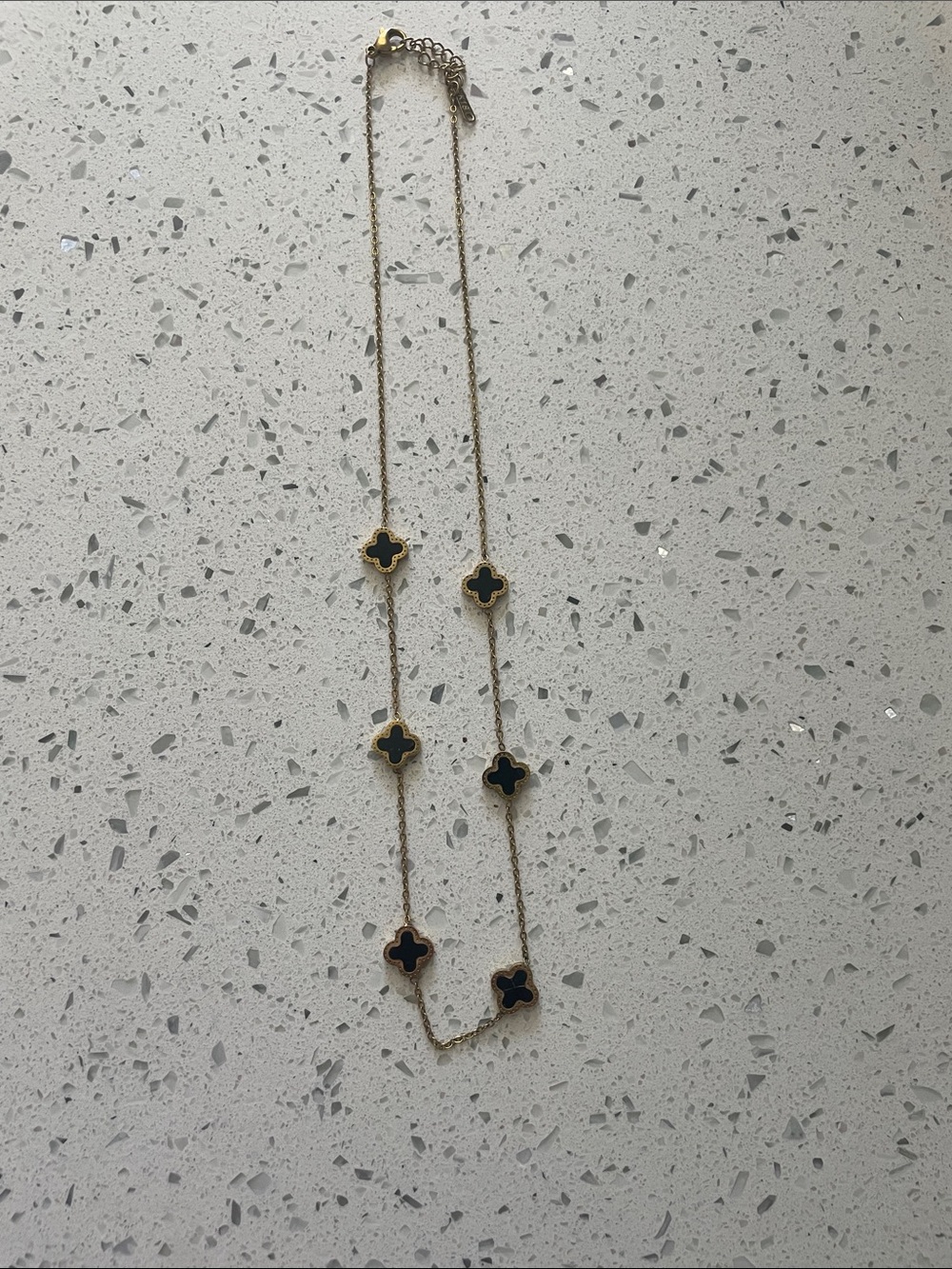 Gold Clover Pendant Station Necklace with Black Inlay